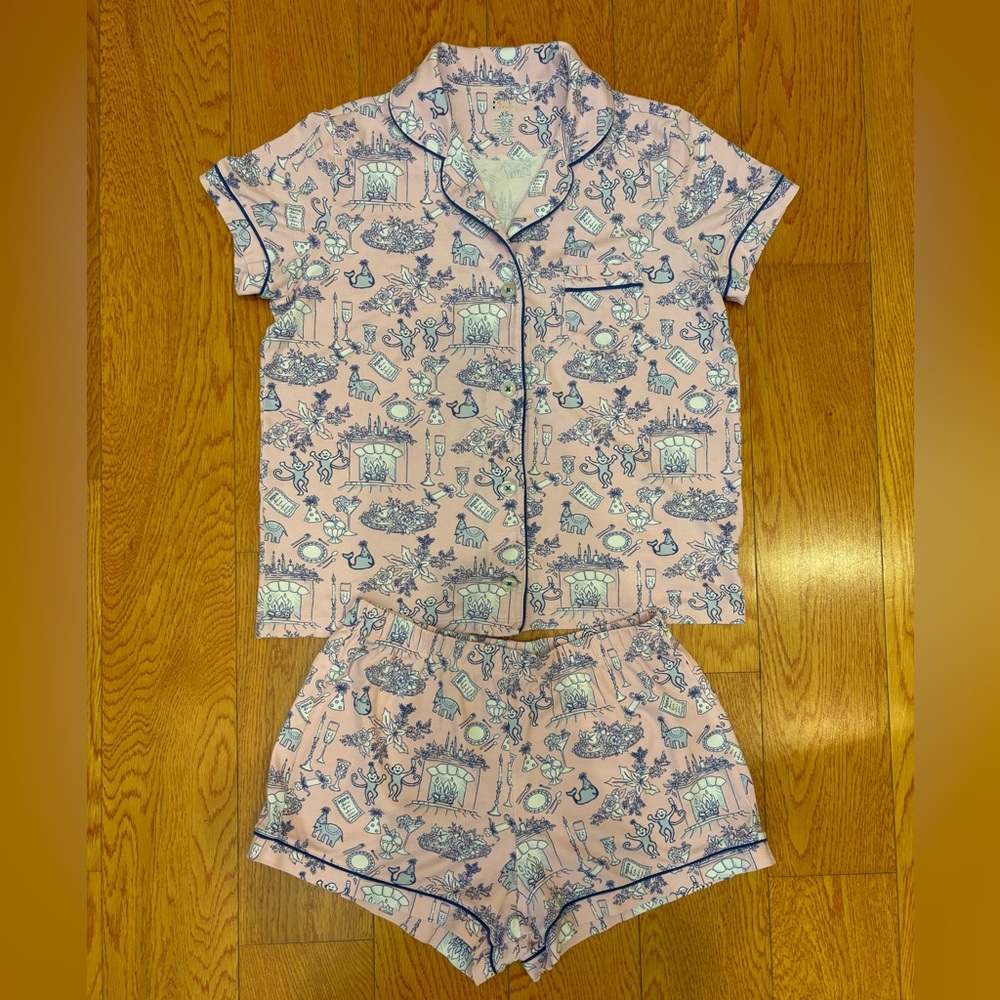 Roller Rabbit Party Toile Polo PJ Pajama Pink Shorts Set, XS